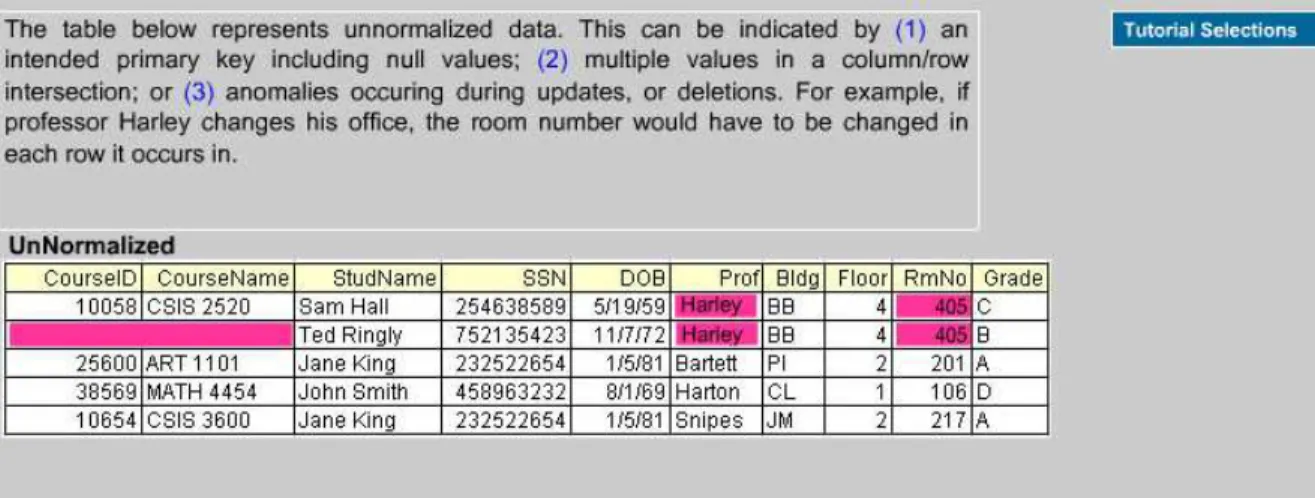 Figure 8: Normalization Tutorial Introduction Scree n Showing an Unnormalize d Table  