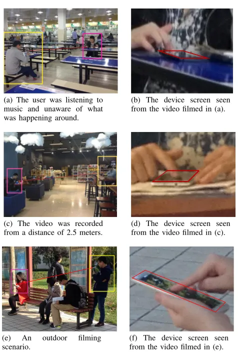 Figure 1.Examples of scenarios in which a mobile phone camera is usedto ﬁlm the unlocking process