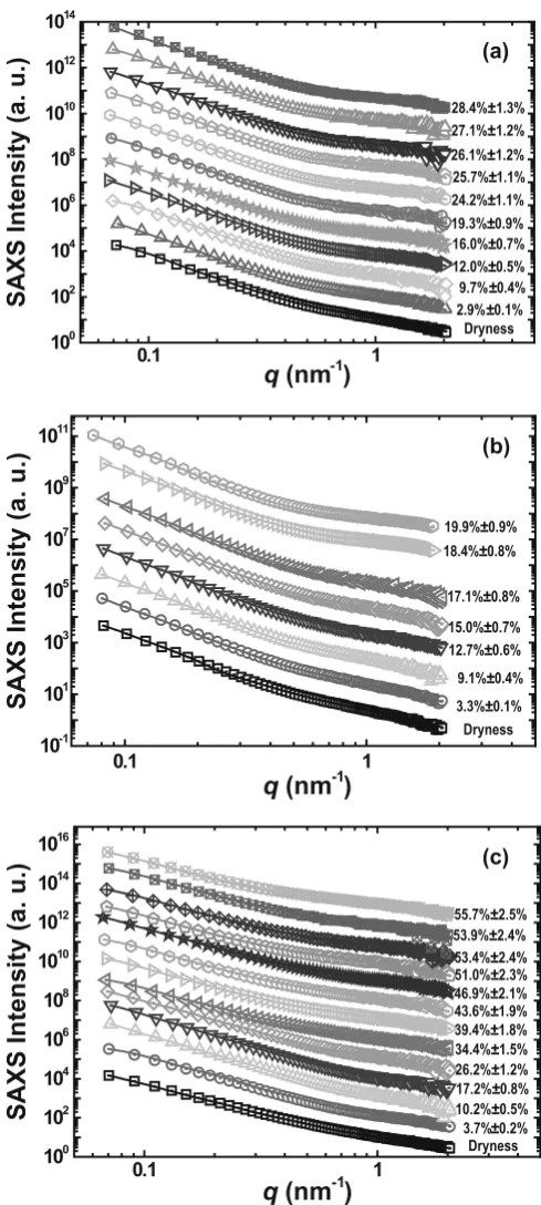 Fig. 3a–c. Comparison between the experimental SAXS intensities water are 0%, 2.9%, 9.7%, 12.0%, 16.0%, 19.3%, 24.2%, 25.7%, 26.1%, 27.1%, and 28.4%