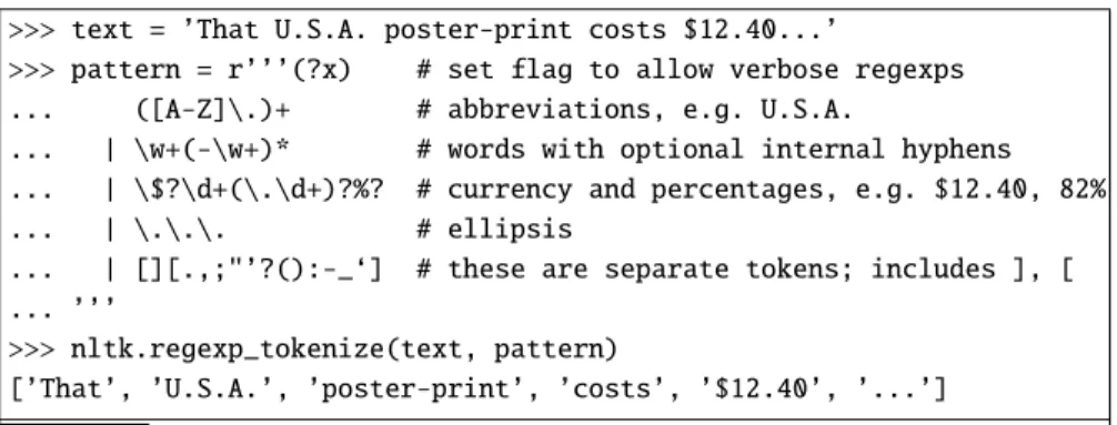Figure 2.11 A python trace of regular expression tokenization in the NLTK (Bird et al., 2009) Python-based natural language processing toolkit, commented for readability; the (?x) verbose flag tells Python to strip comments and whitespace