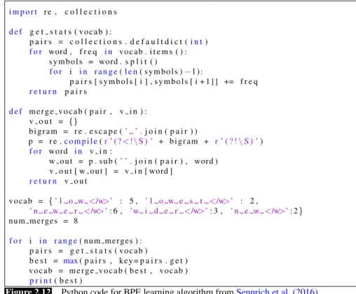 Figure 2.12 Python code for BPE learning algorithm from Sennrich et al. (2016).