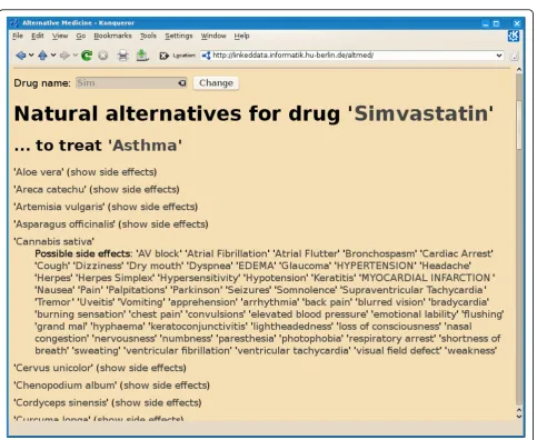 Figure 6 Finding alternative medicines as well as their side effects powered by SQUINas their side effects powered by SQUIN, we use a Linked Data query engine, which allows one SPARQL query to access 6 distributed linked
