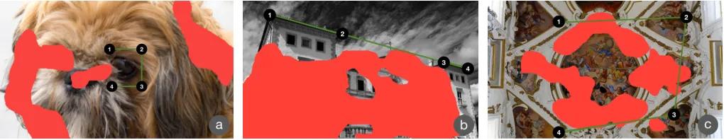 Figure 9: Example strategies to select and memorize graphical passwords: clockwise square shape around objects (in this case the dog’s eye) (a), straightline (in this case the four rooftop corners of a building) (b), and prominent points (c).