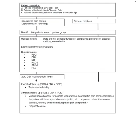 Figure 1 Flow-diagram of the study. PDQ: PainDETECT questionnaire; DN4: Douleur neuropatique 4 questions; DRI : Disability rating index;HADS: Hospital anxiety depression scale; RAND-36 : RAND 36-item health survey; PAS: Pain attribution scale; QST: Quantitative sensory testing;PGIC: Patients global impression of change.