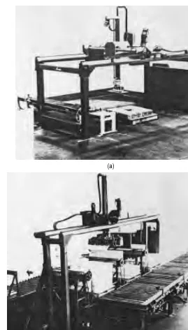 FIGURE 14.2.4Cartesian robots. (a) Four-axis gantry robot used for palletizing boxes (courtesy of C&D Robotics,Inc.); (b) three-axis gantry for palletizing (courtesy of C&D Robotics, Inc.); (c) three-axis robot constructed frommodular single-axis motion mo