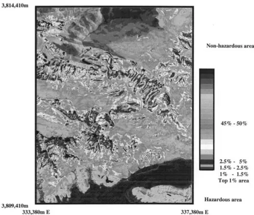 Figure 9a. Landslide hazard prediction pattern in the right sub-area obtained by the likelihood ratio method using the data from the left side sub-area in the Northridge study area, California.