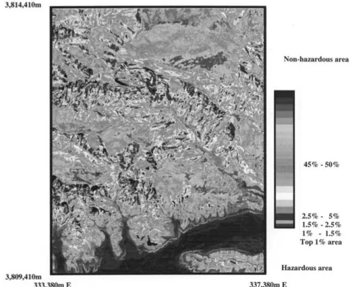 Figure 9b. Landslide hazard prediction pattern in the right sub-area obtained by the likelihood ratio method using the data from the right side sub-area in the Northridge study area,  Califor-nia