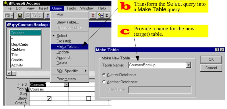 FIGURE 11.1: Use a make-table query to back up and existing table