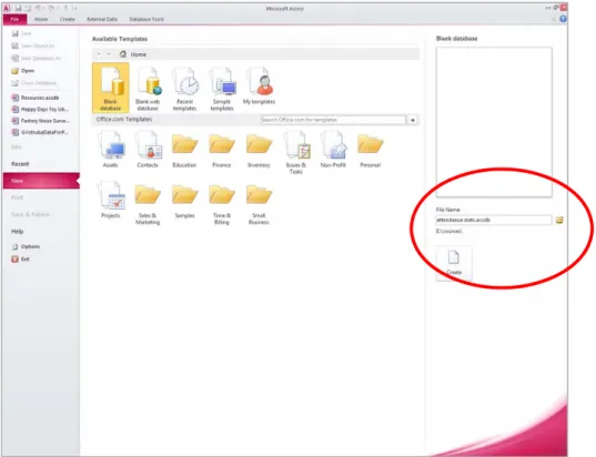 Figure 3 Assigning a Filename and Location to a New Database File  Once the database file has been created, the whole of this database work will be  stored in this file: table(s), data, forms, queries and reports