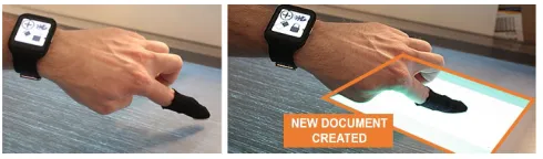 Figure 2. Using the implicitly selected create instrument (left) a user creates a new document on the interaction space (right)
