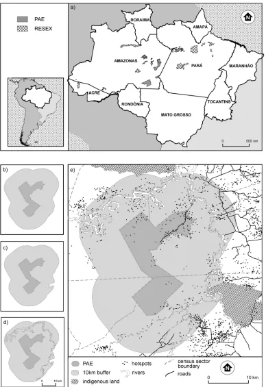 Fig 1. Study sites and geospatial data preparation. The Legal Brazilian Amazon (a) showing the Federal sustainable use reserves (n = 49) decreedbetween 2004 and 2006 that were the foci of this study
