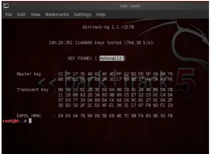 Figure 22: “Aircrack-ng” locating the correct passphrase and hence cracking the WPA/ WPA-2 PSK key 