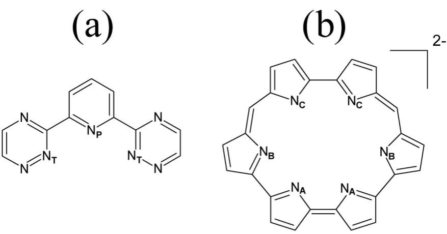 Figure 1. Molecular structure of (a) BTP and (b) the isoamethyrin dianion, the two ligands considered in this study