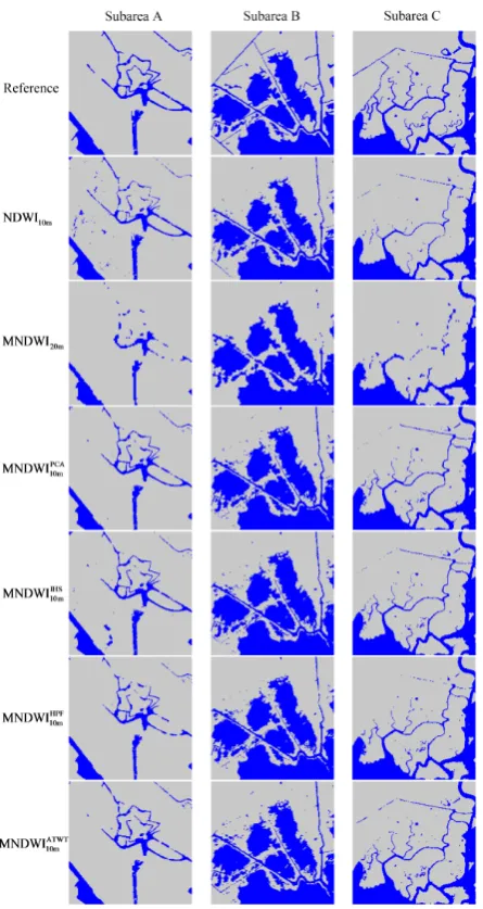 Figure 6.Figure 6. Subarea reference 10-m water body maps and 20-m and 10-m water body maps extracted from the sub-area NDWI and MNDWI images shown in Figure 4