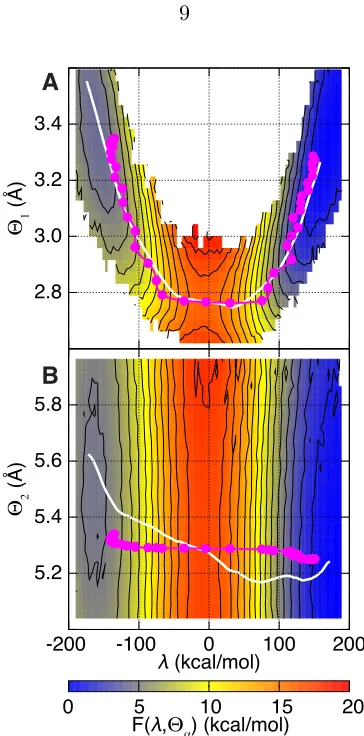 Figure 1.4: Minimum free energy pathways (s, white) and the mean pathway of thereactive trajectories (�, magenta) overlay two-dimensional projections of the freeenergy landscape, F(�, ⇥↵)