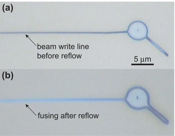 Figure 3.3: (a) 100× magniﬁcation optical microscope image of electron-beam resist after develop.Shown is a region where electron beam rests for a short period and then tracked to the left of theimage resulting in a very narrow gap in the ZEP resist