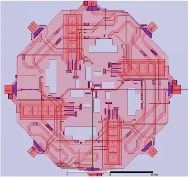 Figure 3.15: Layout for the driver core feed lines electromagnetic simulation. All 8 feed lines, as well as the 4differential oscillator inductors and all ground lines were simulated to ensure amplitude and phase matchingfor the feed lines, and isolation between feed lines and oscillator inductors.
