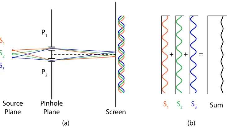 Figure 1.6: A cartoon describing the principle of spatial coherence. (a) Severalsources S1, S2, and S3, illuminated two pinholes P1 and P2