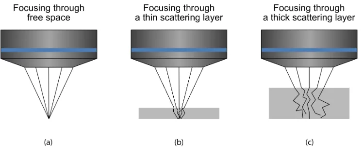Figure 1.9: Scattering regimes. (a) In free space, conventional lenses form thecorrect wavefronts to focus light to tight focal spots
