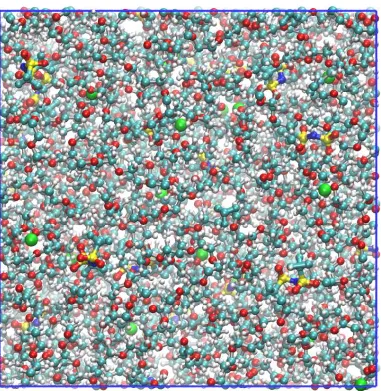 Figure 1: A typical PEO structure consisting of 10 chains of PEO length N=100 monomers and 20 LiTFSI after 400ns of dynamics at 360K