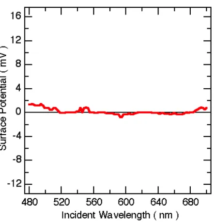 Figure 2.10: KPFM-measured surface potential from a control experiment of bareITO/glass under 1W/cm2 scanned monochromatic illumination, plotted on the samescale as Figure 2.11b.