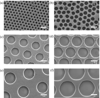 Fig 2.2. Selection of representative copper anti-dot metal films on YSZ showing a range of feature sizes achieved using polymer sphere lithography: (a) 500 nm initial bead size; (b) 790 nm initial bead size; (c) 2 µm initial bead size, heavily etched; (d) 