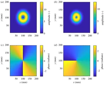 Figure 1. Profiles of LG modes amplitude (a,b) and phase (c,d), l = 2 (a,c) and l = −1 (b,d).