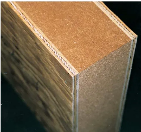 Fig. 1. Sample of the sandwich panel of plywood-overlaid low-density ﬁberboard (SW). Total board thickness is 96mm including a78mm thick core and 9mm thick faces