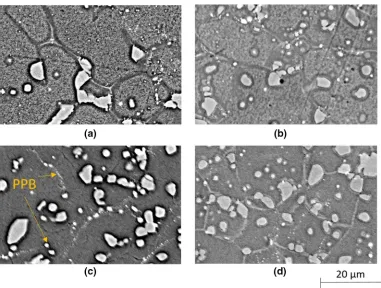 Fig. 8—Low-magniﬁcation backscattered electron images from etched sections (etched with phosphoric acid) after isothermal solutioning at1373 K (1100the surface; ( �C) for 90 min and water quench (WQ) corresponding to diﬀerent strain rates in Gleeble testing and with increasing distance froma) surface, (b) center for _e ¼ 1 s�1 and (c) surface, (d) center for _e ¼ 10 s�1.