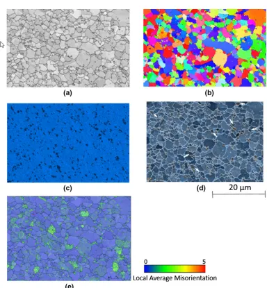 Fig. 5—EBSD and elemental composition maps obtained using energy-dispersive spectroscopy (EDS); (aﬁgure (IPF), (corresponding to) is band contrast, (b) inverse polec) Cr EDS map, (d) overlaid EBSD and Cr EDS map, (e) overlaid band contrast on local average