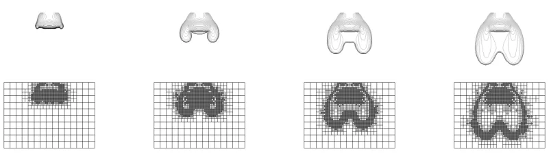 Figure 9: Evolution of the non wetting saturation sn for the isotropic weak lens setting attimes t = 800, 1600, 2400, and t = 3200 (top) and the corresponding adaptive grid structure(bottom).
