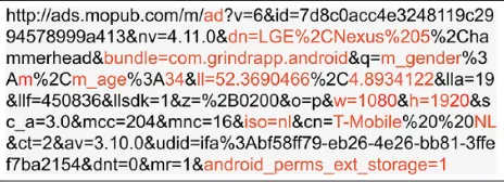 Figure 3. An encoded MoPub URL with unencrypted HTTP ad request parameters and values (device name, bundle ID, gender, age, lat long, screen width, height, language, carrier network, permissions).