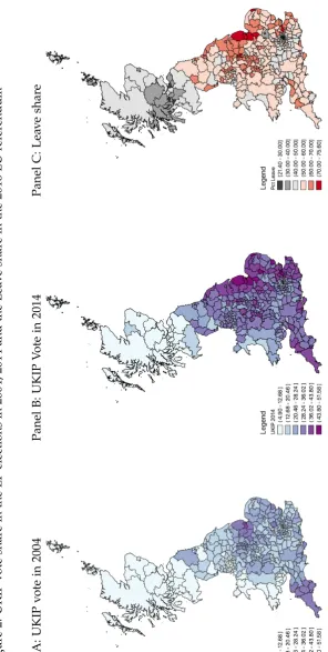 Figure 2: UKIP vote share in the EP elections in 2004, 2014 and the Leave share in the 2016 EU referendum