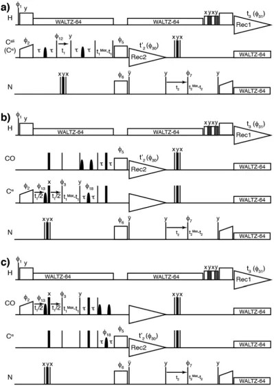Fig. 5. Pulse sequence diagrams for [2D, 3D] assignment experiments with COSY mixing. Modifying the 3D COSY–based experiments for assignments results in (a) hcaCBca[C,NH], (b) hCAco[C, NH], and (c) hCOca[C, NH]