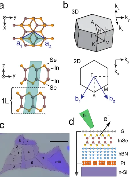 Figure 1:InSe sample structure.Crystal structure, (a), and Brillouin zone, (b), ofγ-InSe