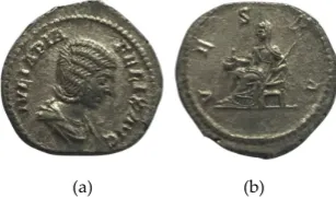 Figure 1.(( (Figure 1. a) Obverse of the Julia Domna coin analyzed: IVLIA PIA FELIX AVG, draped bust right; (a) Obverse of the Julia Domna coin analyzed: IVLIA PIA FELIX AVG, draped bust right;b) Reverse of the same coin: VESTA, Vesta seated left.b) Revers
