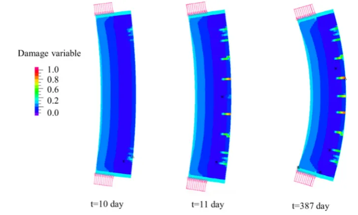 Fig. 11 Development of damage variable over time for an eccentricity of 25 mm