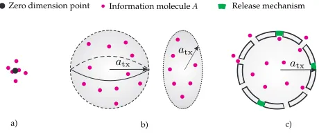 Fig. 9. Schematic depiction of transmitter models; a) point transmitter, b)volume transmitter, and c) ion-channel based transmitter.