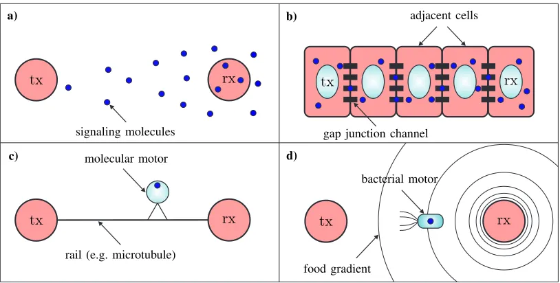 Fig. 1. Bio-inspired mechanisms for MC between a transmitter (tx) and a receiver (rx); a) Free diffusion, b) gap junctions, c) molecular motors, and d)bacterial motors.