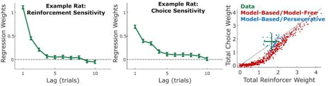 Figure 7. Left/middle: Rats performing a sequential choice task exhibit both reinforcer-seeking behavior 