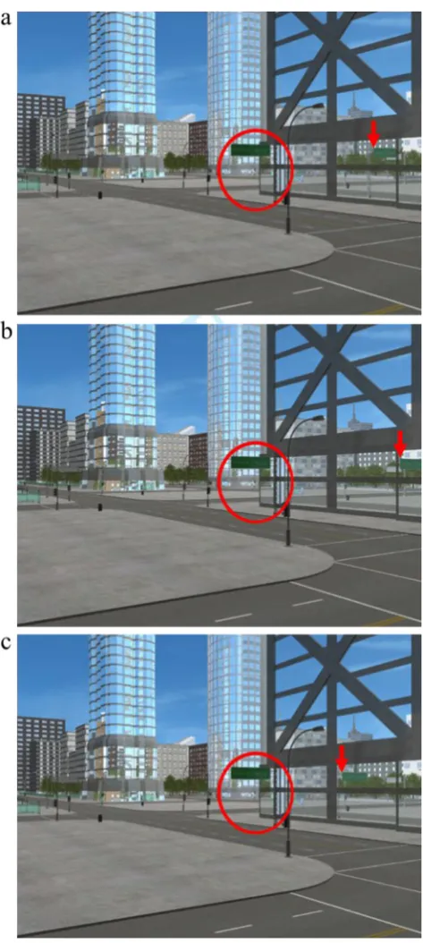 Fig. 7 Example of the consistent and two inconsistent versions of aimage with the target street sign reflection moved backward of theconsistent position