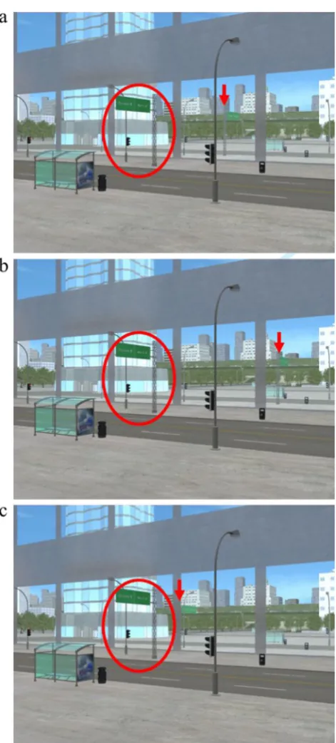 Fig. 8 Example of the consistent and two inconsistent versions of areflection image, with the target street sign reflection moved backward,of the consistent position