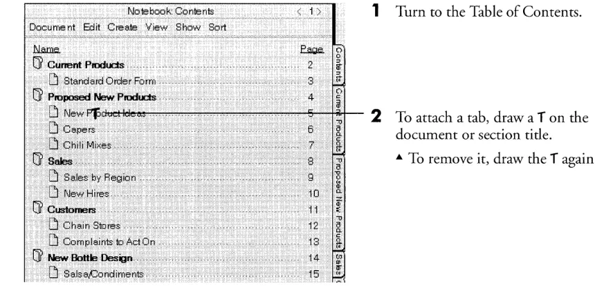 Table of tab Contents, you can also attach a by drawing a T on the document title line