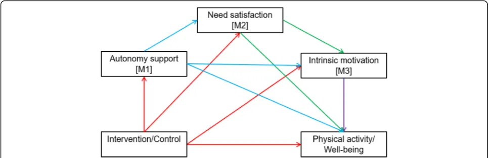 Fig. 3 Hypothesised model 1 (physical activity) and 2 (well-being) with three mediators specifying the one direct and seven indirect effects of X(intervention) on Y (well-being)