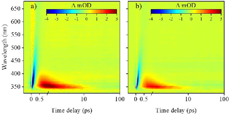 Figure 7: False colour heat maps of transient absorption spectroscopy data collected by Woolley For the cyclohexenimine core photoexcited at the absorption maximum (see Figure 6), the TAS et al