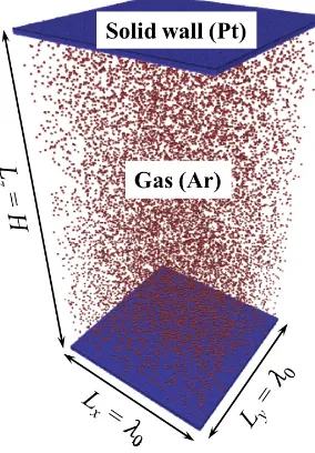 FIG. 2: MD simulation: sample conﬁguration of argon (Ar) gas conﬁned in a microchannel at