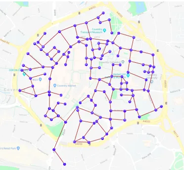 Fig. 1: Map of Coventry city centre overlaid with a directedgraph made up of several nodes and edges
