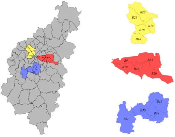 Figure 3.12: Birmingham postcodes at a district level, with three areas of in-terest; northern, eastern and southern