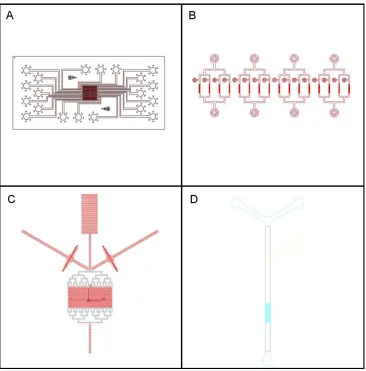 Figure 16: Designs of microfluidic masks fabricated for this study.  A, CliC 2 device, B – HYAA device, C, ALCATRAS device, D 66 – Lee et al microfluidic dissection device