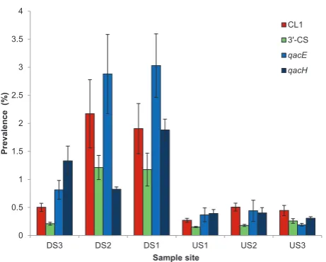 Fig. 1 Prevalence of CL1s, 3stream of WWTP Finham (DS1, DS2 and DS3) and three sitesupstream of WWTP Finham (US1, US2 and US3)